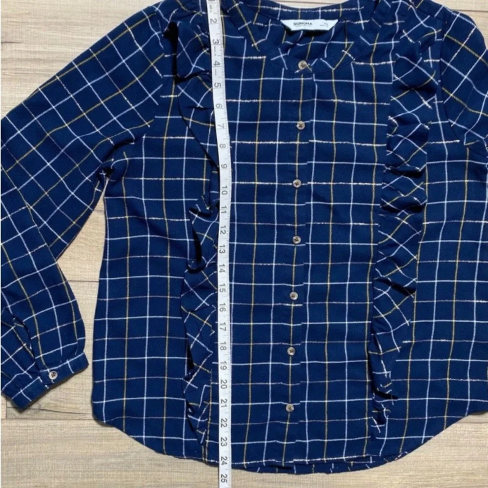 NWOT/ Navy Blue Checkered Blouse with Ruffles – Size M Sonoma - Picture 5 of 10
